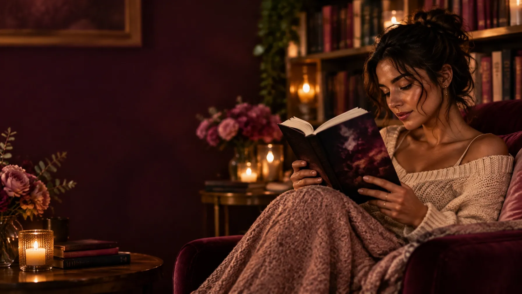 A reader curled up with a romance novel in a warm, candlelit nook